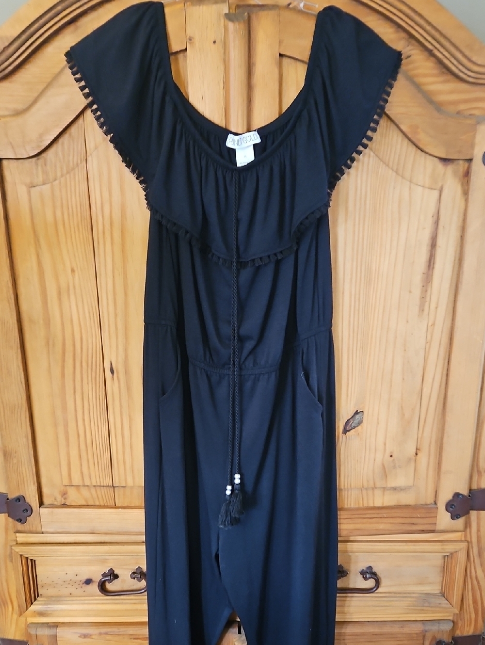 Planet Gold Black Elastic Waist Jumpsuit with Braided Tassel